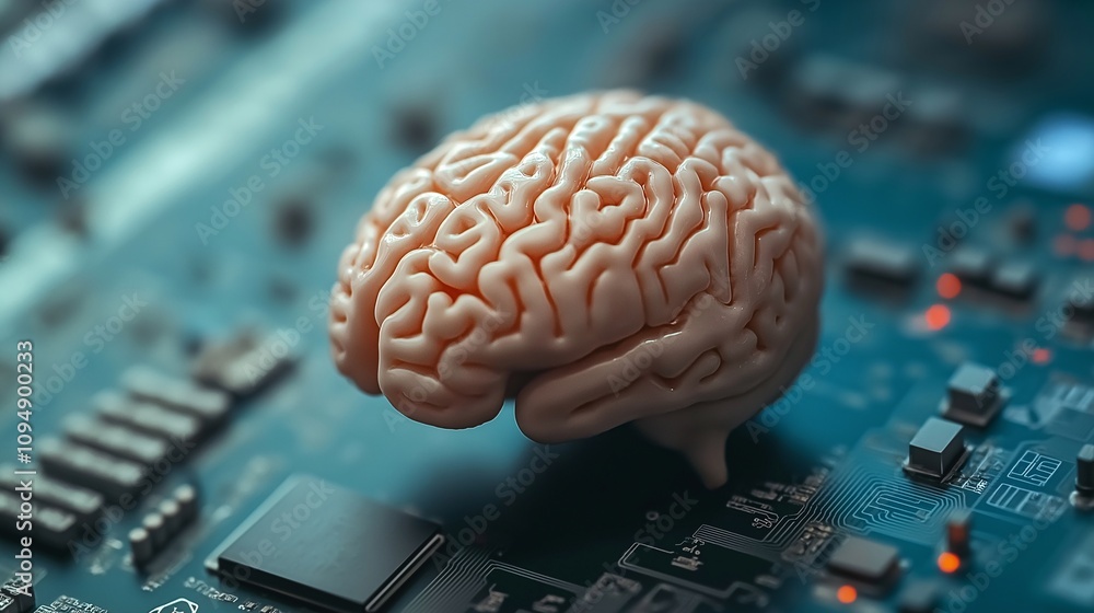 Poster a concept of artificial intelligence represented by a brain model on a circuit board background illu