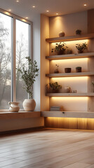 An office space with bright lighting and white walls in a modern, minimalistic style. Widely spaced shelves in light brown and beige tones are neatly arranged with a few books, elegant ornaments.