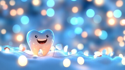 3D Happy Tooth on Festive Holiday Shiny Glowing Background, Perfect for Dental or Oral Health Ads