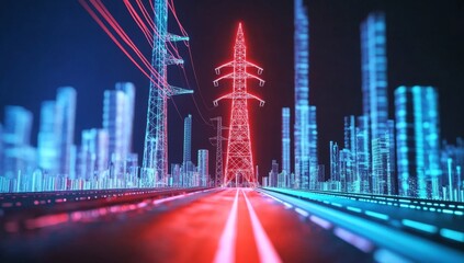 Stock market graph with red and blue lines, set against electric power grid or city at night