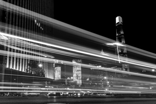 Fototapeta Shanghai City Lights at Night, in black and white