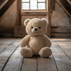 Obraz premium Lonely Teddy Bear in Dusty Attic with Soft Lighting