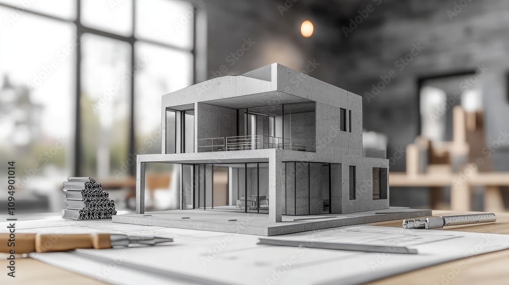 Poster detailed architectural model of a modern house in a bright workspace with natural light and drafting
