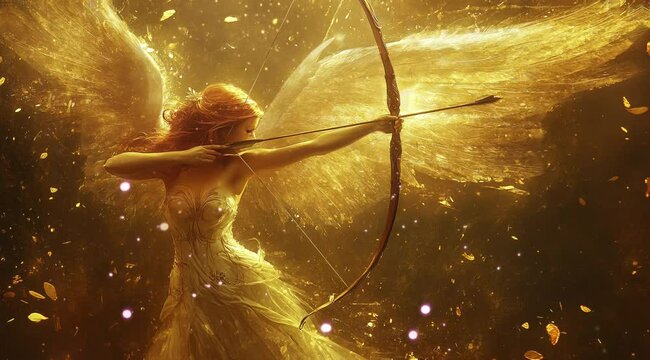 an angel shooting archery with sparkling lights in the background. Virtual 4K video animation background with looping time lapse with very smooth graphics.