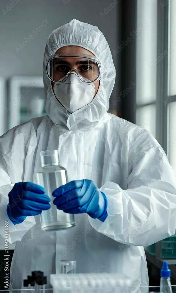 Poster a man in a white lab coat and a mask is standing in front of a table with several bottles