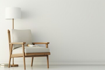 Fototapeta premium A white armchair with a wooden frame and a floor lamp stands against a white wall in a minimalist living room