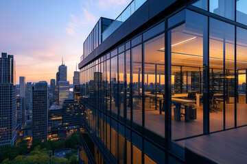 Modern office building with glass facade at sunset, cityscape view with urban skyline in background, corporate business and architecture concept..