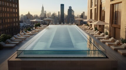 Minimalist photo of a rooftop pool with a glass edge, surrounded by lounge chairs and large parasols overlooking a city skyline, top-down view 