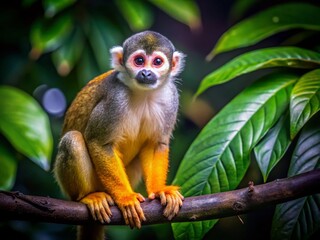 Obraz premium Captivating Night Photography of a Squirrel Monkey Amidst the Lush Rainforest of Manuel Antonio National Park, Costa Rica, Showcasing Its Vibrant Colors and Natural Habitat