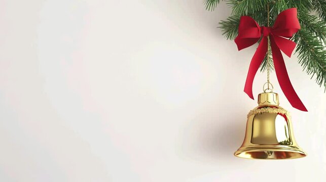 A golden Christmas bell with red ribbon and pine leaves, copy space for text, video footage greeting card.