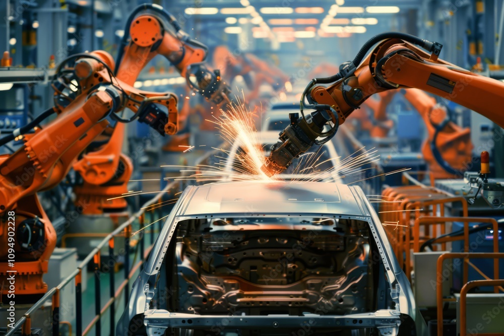 Poster advanced robotics in automotive manufacturing: close-up view of industrial robots welding car frames
