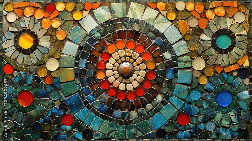 Poster a vibrant mosaic design featuring circular patterns and a variety of colorful materials.