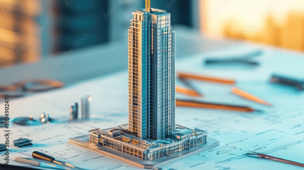 Aufkleber architectural model of a modern skyscraper on top of blueprints with drafting tools and city backgro