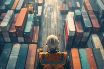 Aerial View of Warehouse Worker Observing Freight Containers at Maritime Port During Sunset, Emphasizing Logistics and Shipping Industry Operations