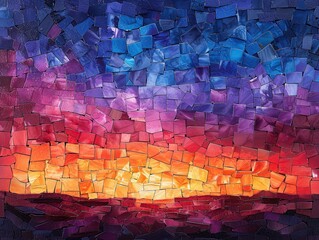 Vibrant abstract mosaic artwork depicting a sunset, created with colorful tiles in shades of blue, purple, orange, and red, capturing the dynamic beauty of the sky and horizon in a stunning patchwork 