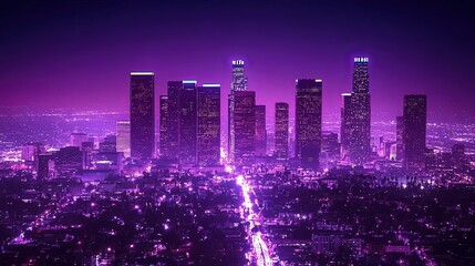 Fototapeta premium Purple-lit cityscape at night, aerial view.