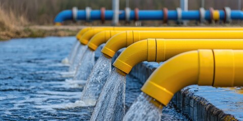Colorful pipes discharging clean water into a serene river, showcasing the importance of water management and environmental protection.