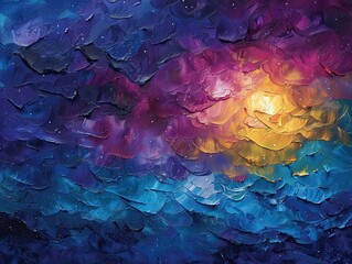 Breathtaking abstract painting capturing a cosmic scene with swirling hues of deep blue, rich purple, and vibrant gold, evoking the beauty of a starry night sky and the radiant glow of celestial bodie