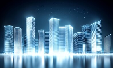 Obraz premium Digital artwork of urban skyline with skyscrapers reflecting in water under starry sky