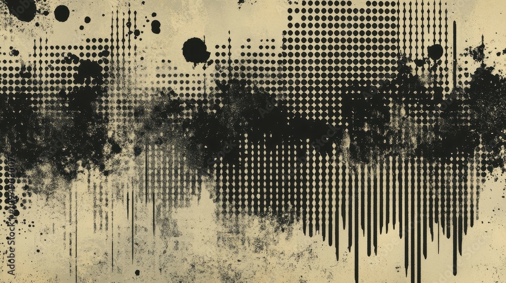 Aufkleber abstract graphic design featuring black splashes and dotted patterns on a textured background.