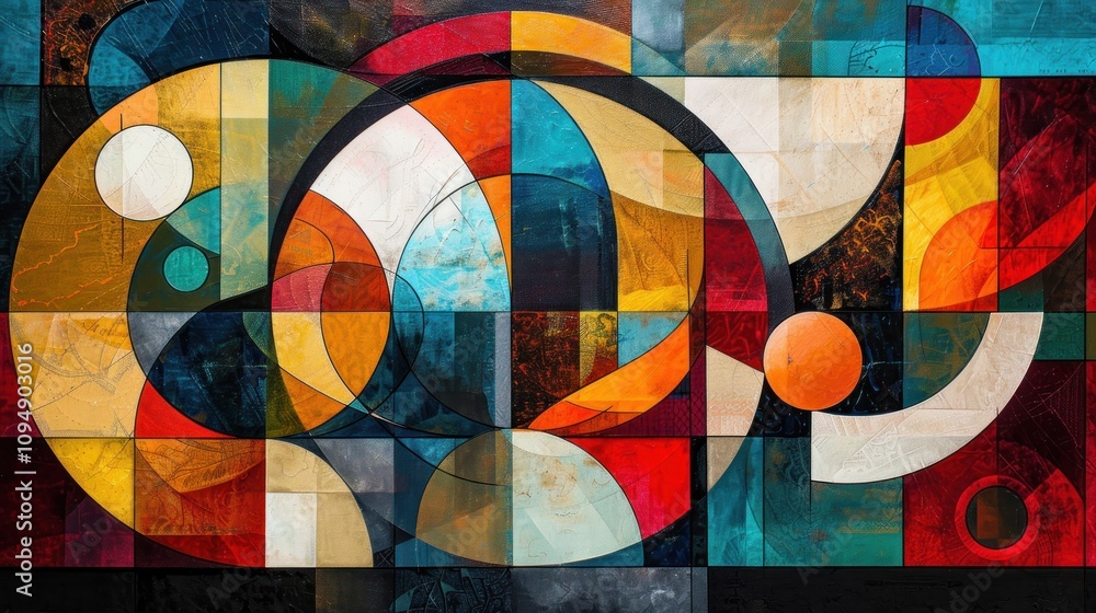 Poster abstract geometric artwork with vibrant colors and overlapping shapes.