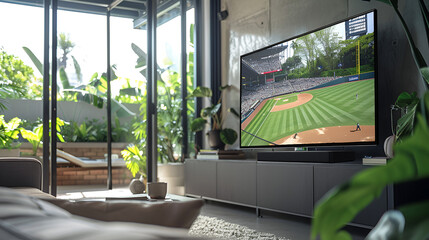 Living room led tv showing baseball game