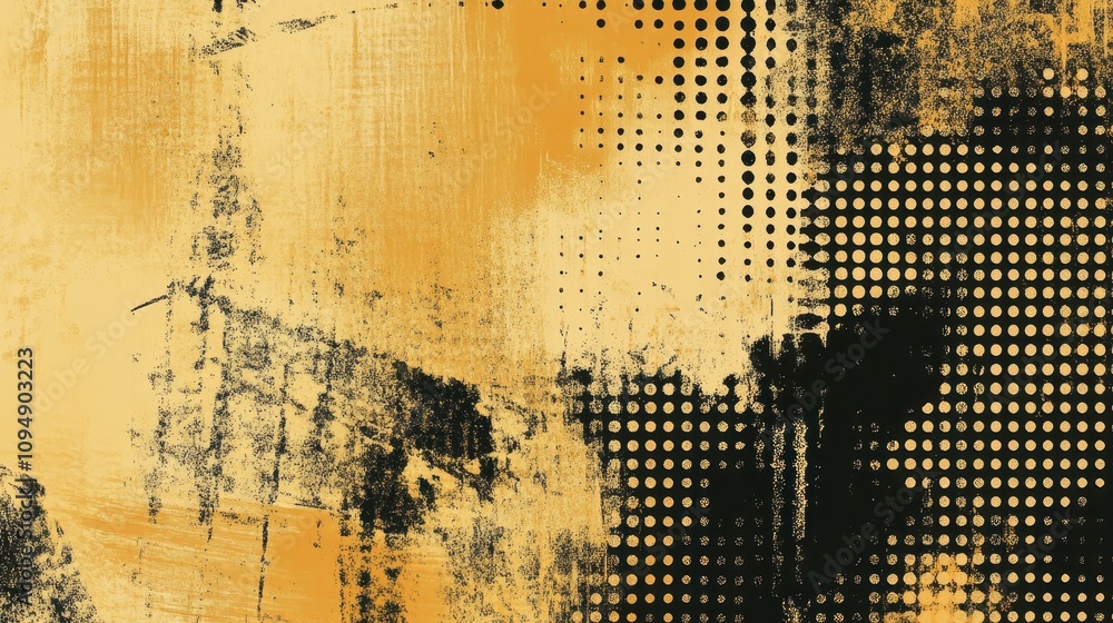 Poster abstract artwork featuring a blend of yellow and black textures with dotted patterns.