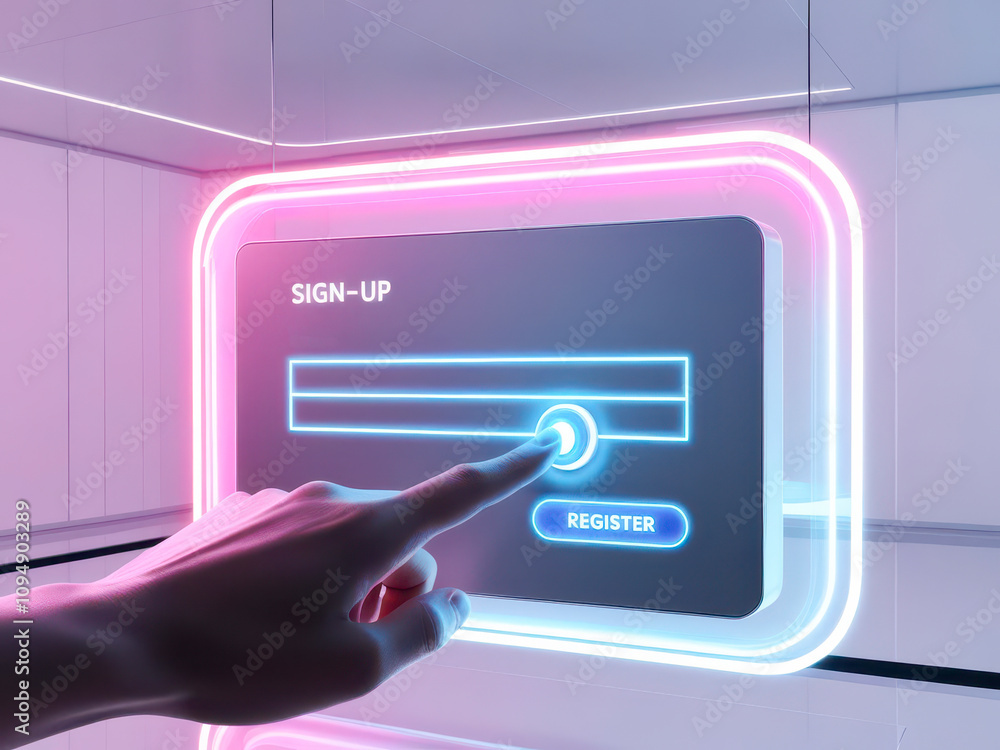 Poster user registers for online service digital interface sign-up page futuristic design close-up view tec