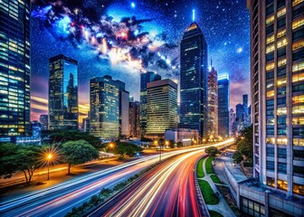 Fototapeta premium Captivating Night Photography of Urban Landscapes with Illuminated Skyscrapers and Starry Skies, Showcasing the Beauty of City Life After Dark