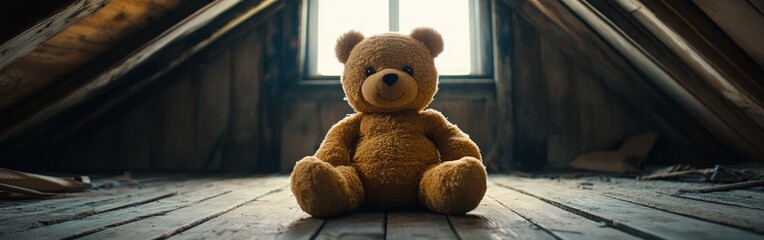 Obraz premium Lonely Teddy Bear in Dusty Attic with Soft Lighting
