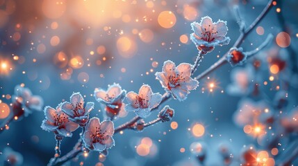 Delicate blossoms emerge through winter frost, enhancing a serene winter landscape with sparkling charm. Generative AI