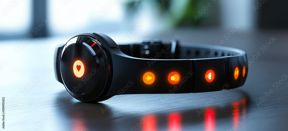 Poster wearable device tracking health data and vital signs in real-time with glowing indicators