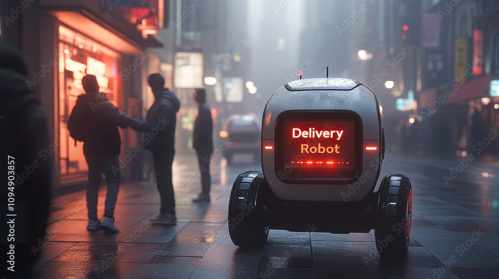 Poster futuristic autonomous delivery robot navigating urban sidewalk with led lighting