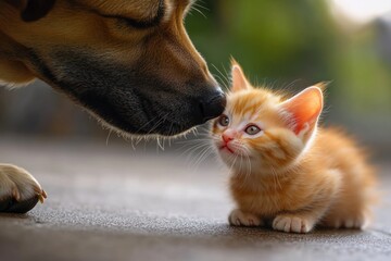 Obraz premium Loving dog nose touches ginger kitten on sunny day.