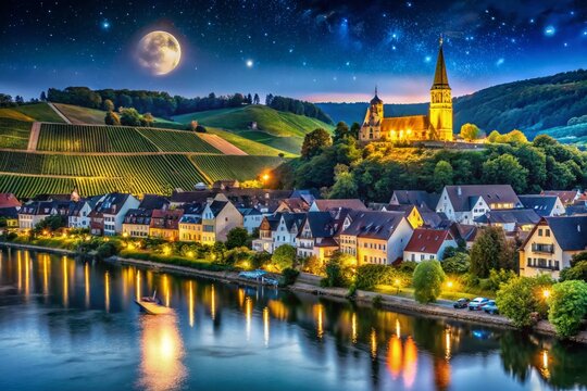 Captivating Night Views of Trebur, Germany: Scenic Rhine River Travel with Colorful Architecture and Lush Vineyards Illuminated by Stars