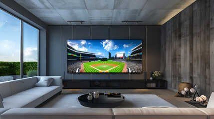 Living room led tv showing baseball game