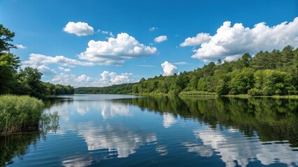 Obraz premium a calm and peaceful lake surface reflecting a clear blue sky with puffy white clouds and lush greenery, sky, summer, peaceful