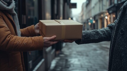 Fototapeta premium Exchange of parcel between two adults on a city street