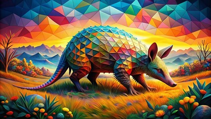 Fototapeta premium Captivating Panoramic Photography of an Aardvark in a Unique Geometric Design Style Emphasizing Colorful Patterns and Intricate Details for Artistic Exploration