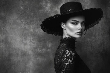 Elegant young caucasian female in vintage black lace dress and wide-brimmed hat