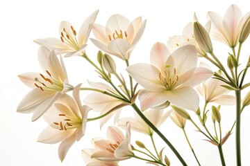 Fototapeta premium A cluster of delicate cream-colored flowers arranged artfully against a pure white backdrop highlighting their unique shapes and colors, flower arrangement, bouquet, floral pattern