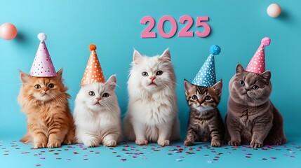 Cute cats celeberate 2025 Happy New Year ,Animal Party ,wear party hats, with "2025" written in a playful by fun font.