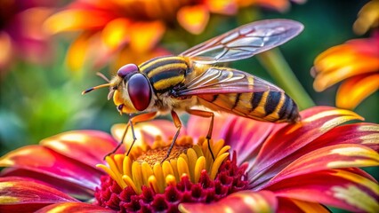 Captivating Panoramic View of Dasyrphus tricinctus Hoverfly in a Vibrant Garden Setting, Showcasing Its Unique Features and Natural Habitat with Lush Flora and Soft Lighting