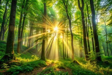 Obraz premium Captivating Panoramic View of Sun Rays Piercing Through a Dense Forest, Illuminating the Rich Green Foliage and Creating a Magical Atmosphere in Nature