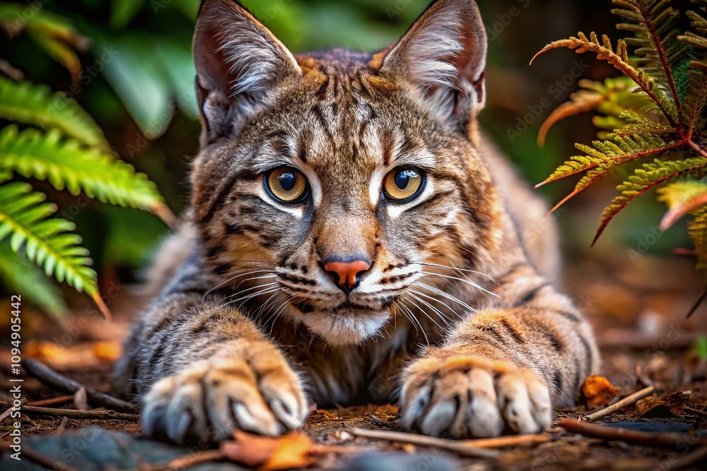 Poster captivating portrait of a bobcat's paws on soft forest floor, showcasing unique fur patterns and nat
