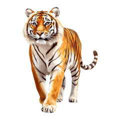 Fototapeta premium A majestic tiger walks confidently, showcasing its striking orange coat adorned with bold black stripes.