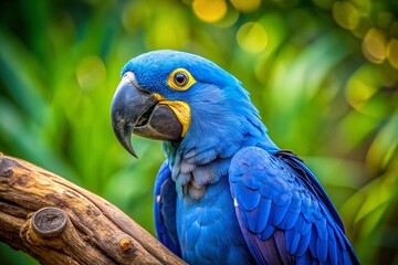 Obraz premium Captivating Portrait of a Lear's Macaw in Vibrant Colors, Showcasing Its Stunning Feathers Against a Natural Green Background, Perfect for Wildlife and Nature Photography Enthusiasts