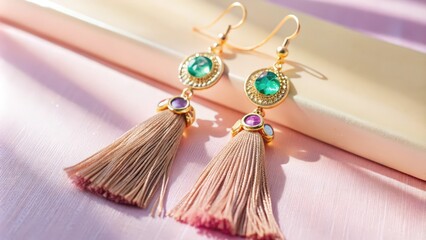 Gold Tassel Earrings with Green and Purple Gemstones