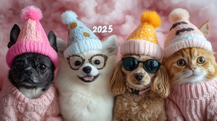 Cute dogs and cats celeberate 2025 Happy New Year ,Animal Party ,wear party hats, with "2025" written in a playful by fun font.