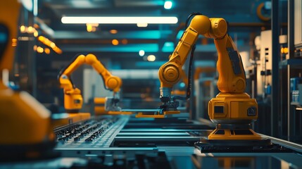 Fototapeta premium industry 40 factory with industrial engineer working alongside automation robot arms intelligent manufacturing concept 3d rendering